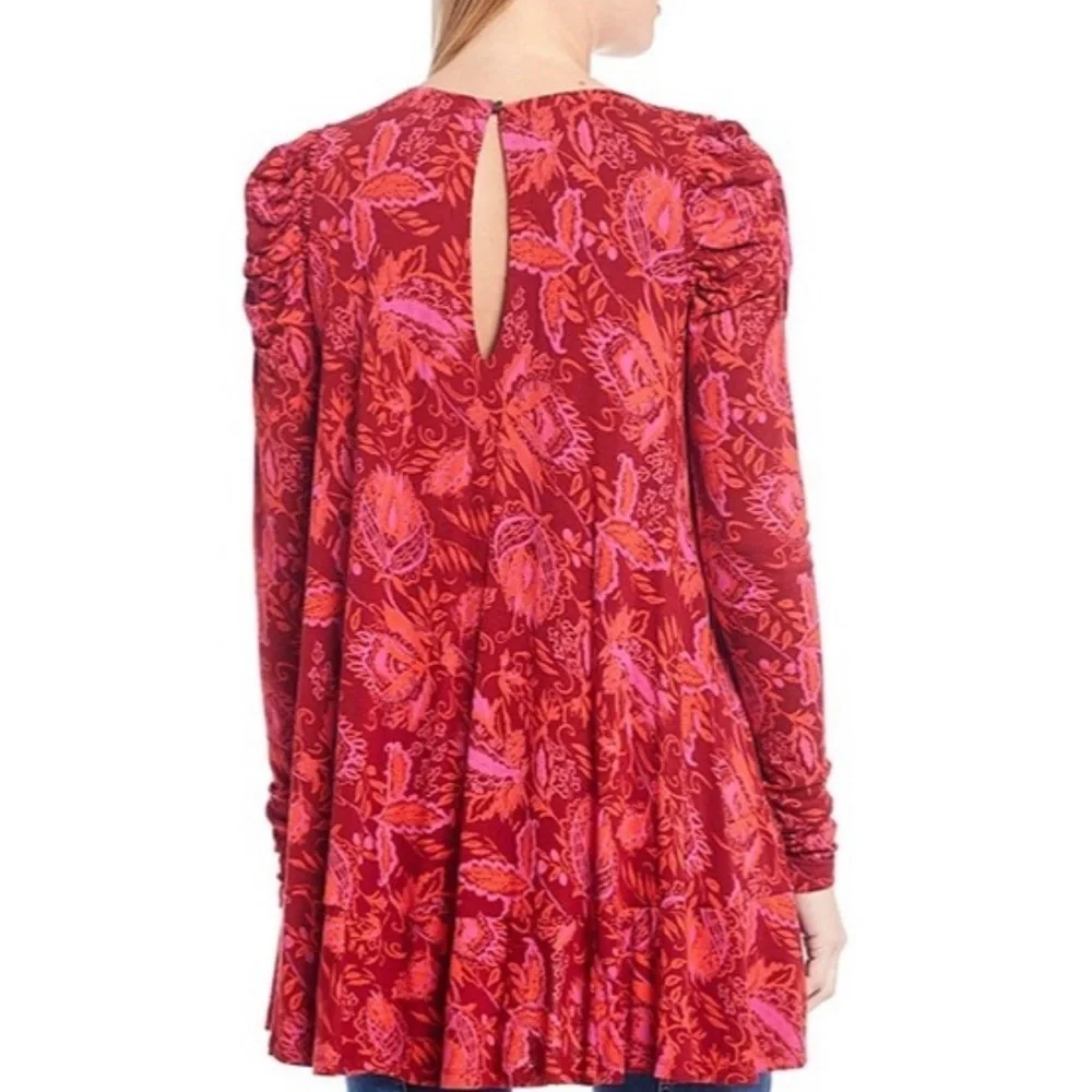 BOHO FREE PEOPLE HELLO LOVER V-NECK PUFF SLEEVE TUNIC DRESS FLOWY SILHOUETTE EUC